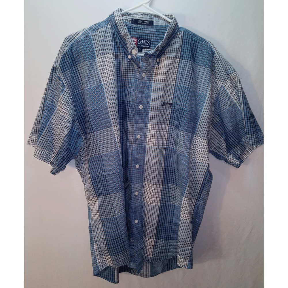 Men's Chaps Ralph Lauren Short Sleeve Button Down Shirt, Large, Blue Plaid